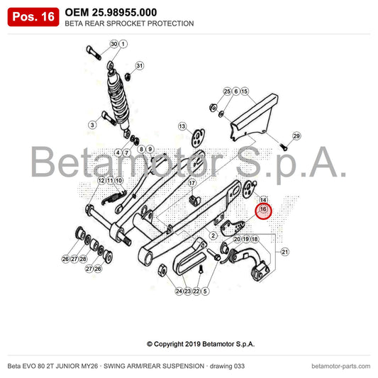BETA REAR SPROCKET PROTECTION – OEM 25.98955.000, position 16 on the Beta EVO 80 2T JUNIOR MY26 swing arm/rear suspension drawing