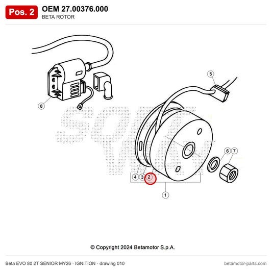 BETA ROTOR – OEM 27.00376.000, position 2 on the Beta EVO 80 2T SENIOR MY26 ignition drawing