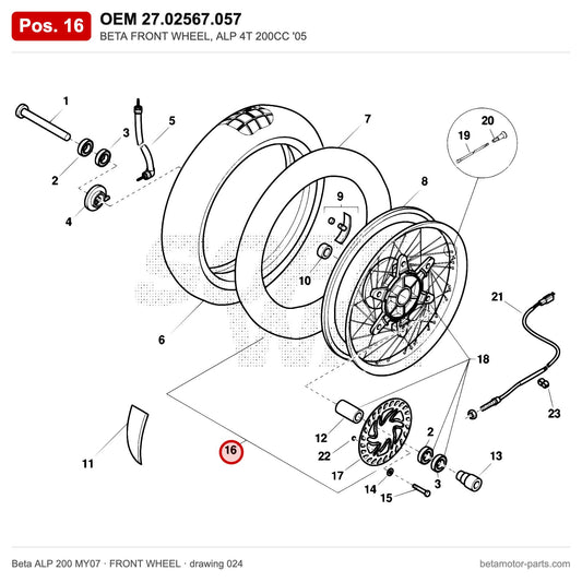 BETA FRONT WHEEL, ALP 4T 200CC '05 – OEM 27.02567.057, position 16 on the Beta ALP 200 MY07 front wheel drawing
