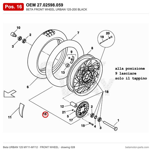 BETA FRONT WHEEL URBAN 125-200 BLACK – OEM 27.02598.059, position 16 on the Beta URBAN 125 MY11-MY12 front wheel drawing