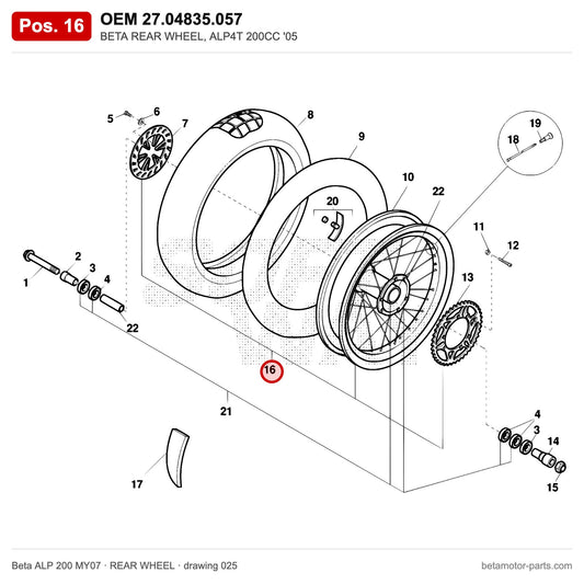 BETA REAR WHEEL, ALP4T 200CC '05 – OEM 27.04835.057, position 16 on the Beta ALP 200 MY07 rear wheel drawing