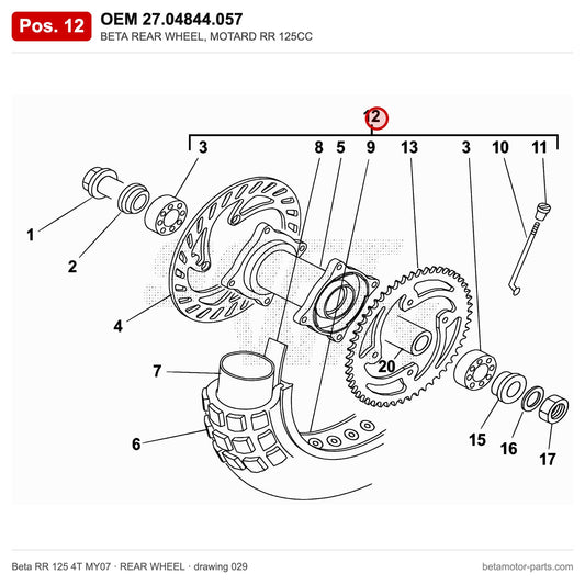 BETA REAR WHEEL, MOTARD RR 125CC – OEM 27.04844.057, position 12 on the Beta RR 125 4T MY07 rear wheel drawing