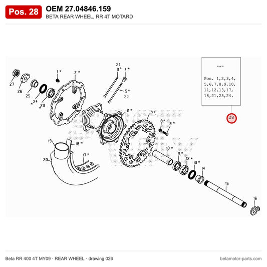 BETA REAR WHEEL, RR 4T MOTARD – OEM 27.04846.159, position 28 on the Beta RR 400 4T MY09 rear wheel drawing
