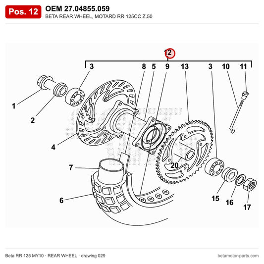 BETA REAR WHEEL, MOTARD RR 125CC Z.50 – OEM 27.04855.059, position 12 on the Beta RR 125 MY10 rear wheel drawing