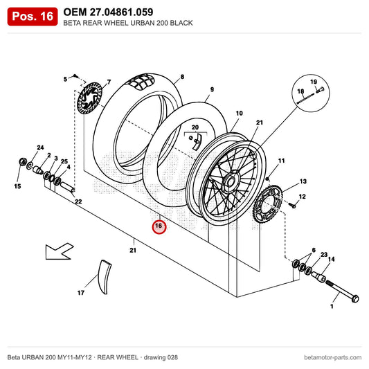 BETA REAR WHEEL URBAN 200 BLACK – OEM 27.04861.059, position 16 on the Beta URBAN 200 MY11-MY12 rear wheel drawing