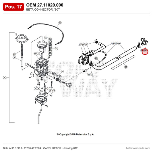 BETA CONNECTOR, '90°' – OEM 27.11020.000, position 17 on the Beta ALP RED ALP 200 4T 2024 carburetor drawing