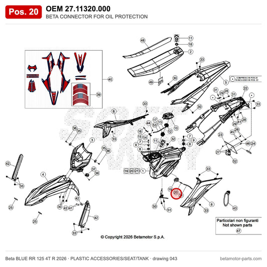 BETA CONNECTOR FOR OIL PROTECTION – OEM 27.11320.000, position 20 on the Beta BLUE RR 125 4T R 2026 plastic accessories/seat/tank drawing