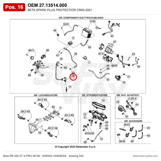 BETA SPARK PLUG PROTECTIOR CR65-2001 – OEM 27.13514.000, position 16 on the Beta RR 250 2T X-PRO MY26 wiring harness drawing
