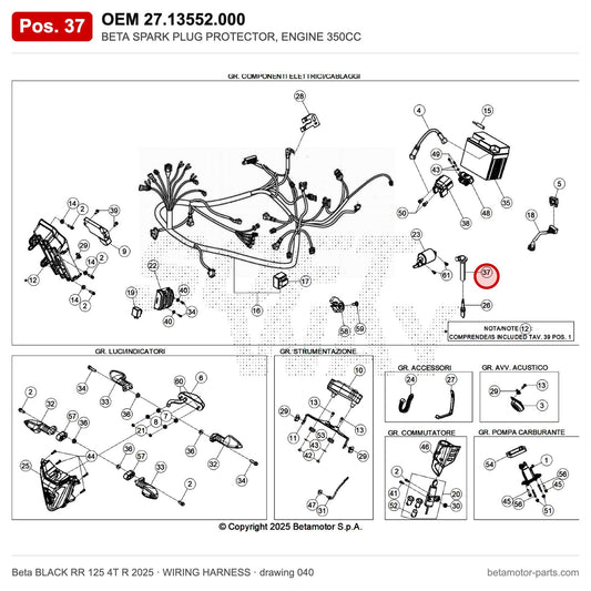 BETA SPARK PLUG PROTECTOR, ENGINE 350CC – OEM 27.13552.000, position 37 on the Beta BLACK RR 125 4T R 2025 wiring harness drawing