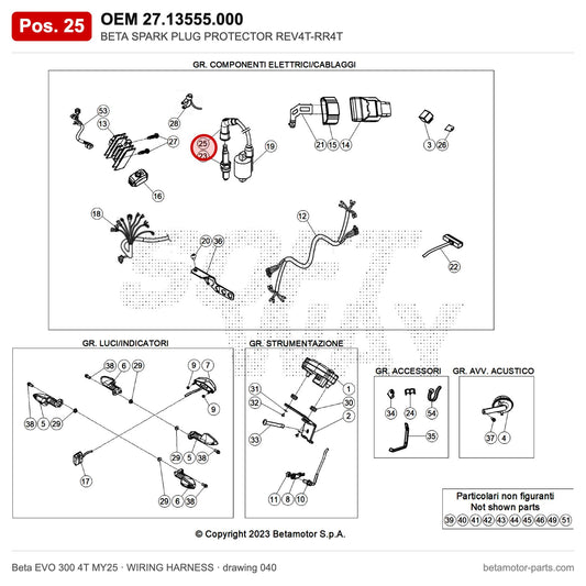 BETA SPARK PLUG PROTECTOR REV4T-RR4T – OEM 27.13555.000, position 25 on the Beta EVO 300 4T MY25 wiring harness drawing