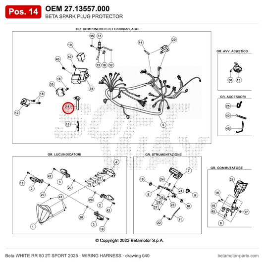 BETA SPARK PLUG PROTECTOR – OEM 27.13557.000, position 14 on the Beta WHITE RR 50 2T SPORT 2025 wiring harness drawing