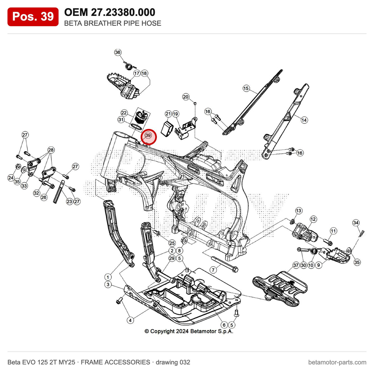 BETA BREATHER PIPE HOSE – OEM 27.23380.000, position 39 on the Beta EVO 125 2T MY25 frame accessories drawing