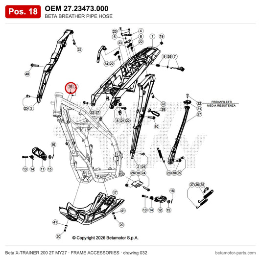 BETA BREATHER PIPE HOSE – OEM 27.23473.000, position 18 on the Beta X-TRAINER 200 2T MY27 frame accessories drawing