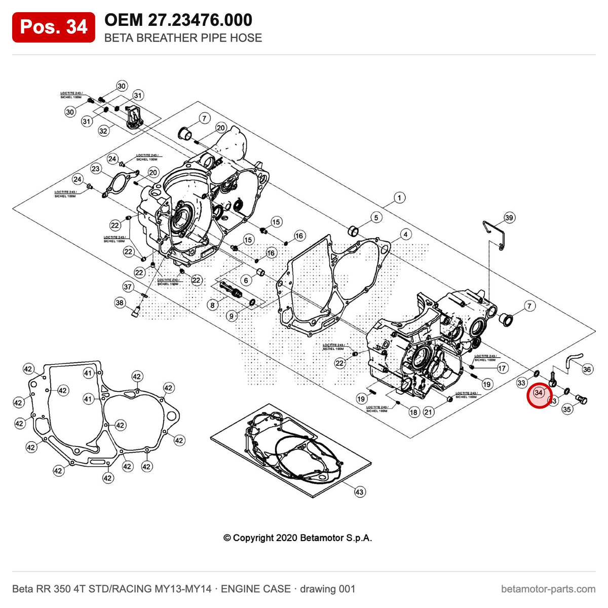 BETA BREATHER PIPE HOSE – OEM 27.23476.000, position 34 on the Beta RR 350 4T STD/RACING MY13-MY14 engine case drawing