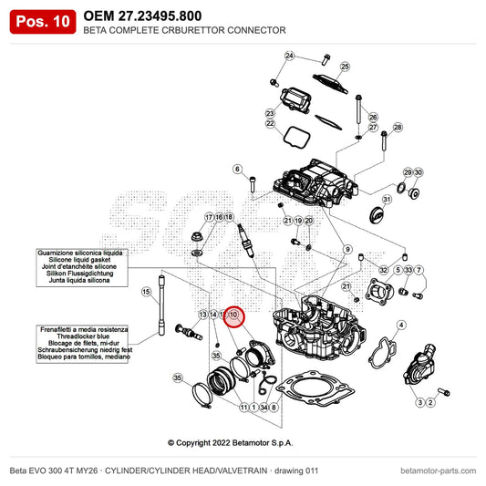 BETA COMPLETE CRBURETTOR CONNECTOR – OEM 27.23495.800, position 10 on the Beta EVO 300 4T MY26 cylinder/cylinder head/valvetrain drawing