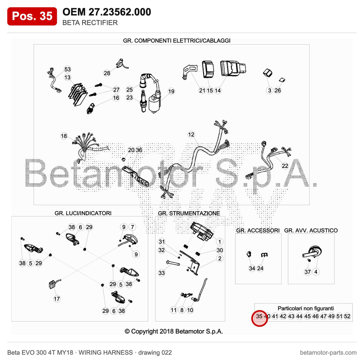 BETA RECTIFIER – OEM 27.23562.000, position 35 on the Beta EVO 300 4T MY18 wiring harness drawing