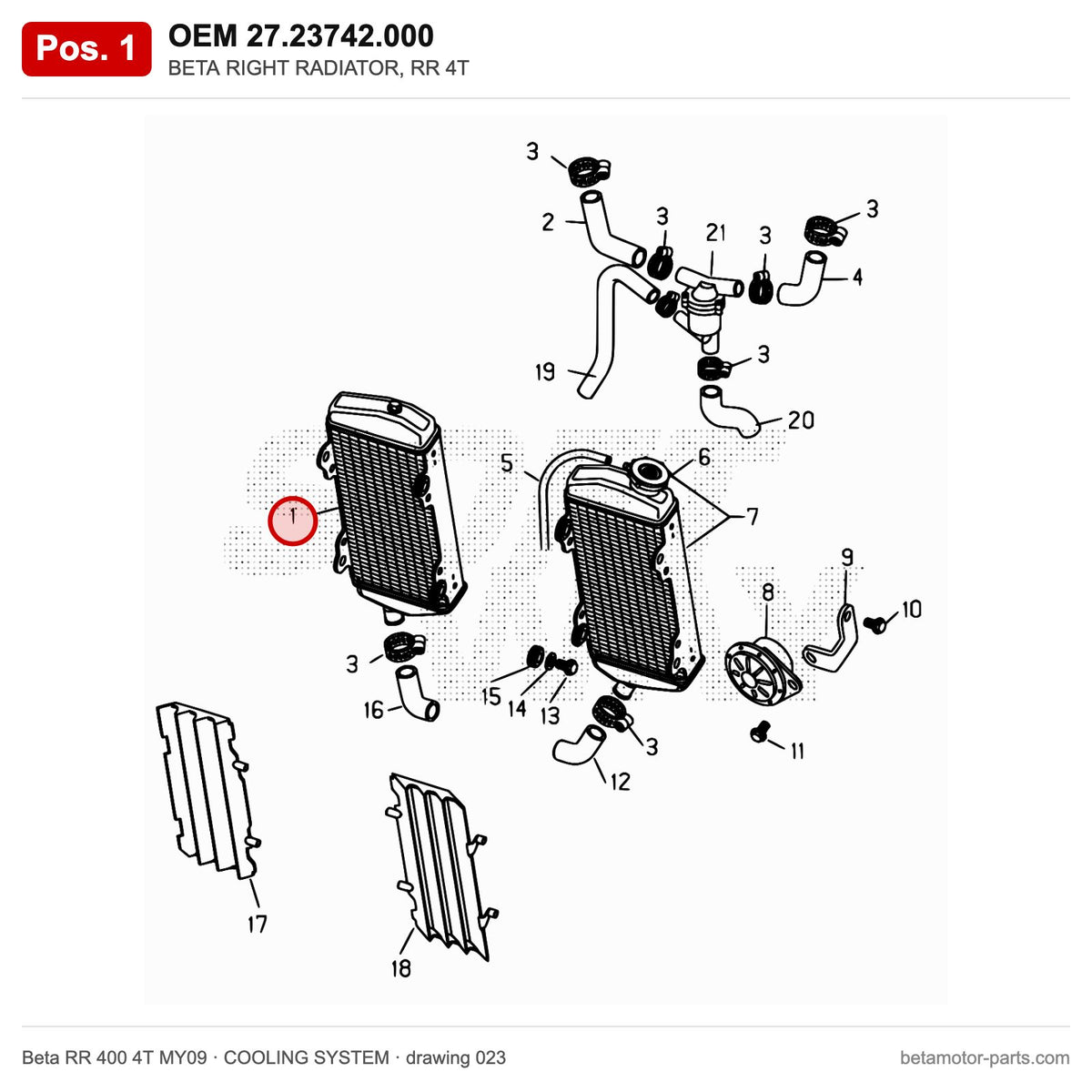 BETA RIGHT RADIATOR, RR 4T – OEM 27.23742.000, position 1 on the Beta RR 400 4T MY09 cooling system drawing
