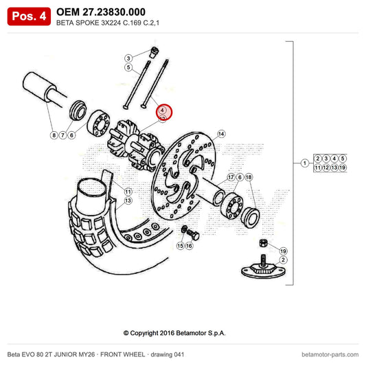 BETA SPOKE 3X224 C.169 C.2,1 – OEM 27.23830.000, position 4 on the Beta EVO 80 2T JUNIOR MY26 front wheel drawing