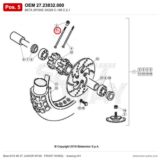 BETA SPOKE 3X226 C.169 C.2,1 – OEM 27.23832.000, position 5 on the Beta EVO 80 2T JUNIOR MY26 front wheel drawing
