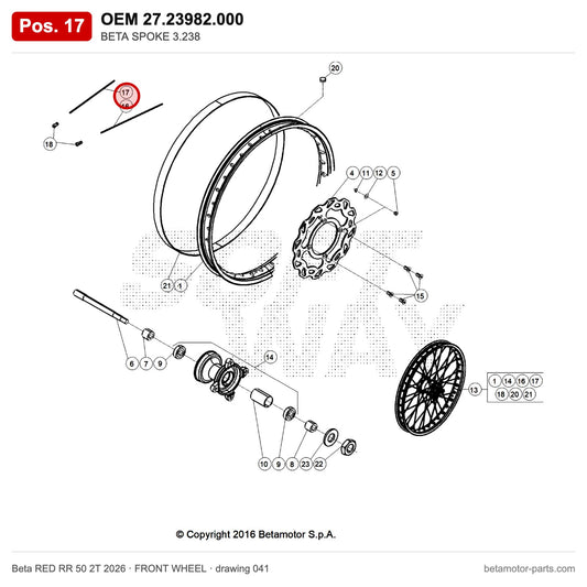BETA SPOKE 3.238 – OEM 27.23982.000, position 17 on the Beta RED RR 50 2T 2026 front wheel drawing