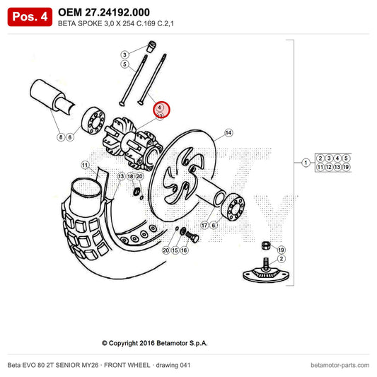 BETA SPOKE 3,0 X 254 C.169 C.2,1 – OEM 27.24192.000, position 4 on the Beta EVO 80 2T SENIOR MY26 front wheel drawing