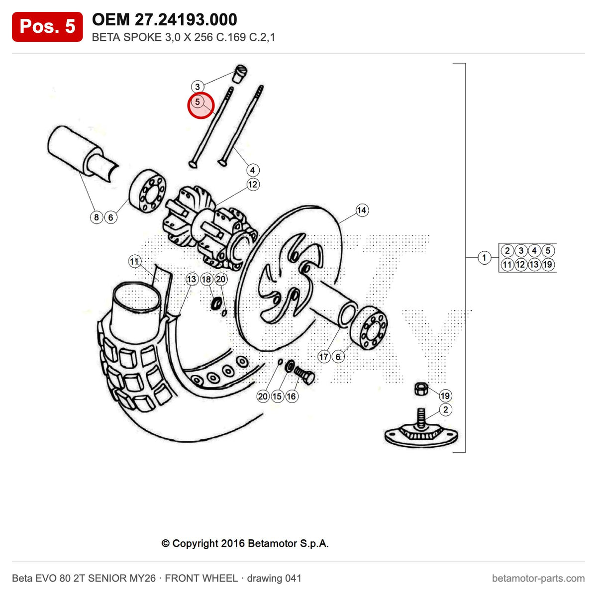 BETA SPOKE 3,0 X 256 C.169 C.2,1 – OEM 27.24193.000, position 5 on the Beta EVO 80 2T SENIOR MY26 front wheel drawing