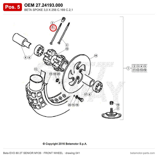 BETA SPOKE 3,0 X 256 C.169 C.2,1 – OEM 27.24193.000, position 5 on the Beta EVO 80 2T SENIOR MY26 front wheel drawing