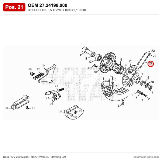 BETA SPOKE 3,5 X 220 C.169 C.2,1 INOX – OEM 27.24198.000, position 21 on the Beta REV 200 MY08 rear wheel drawing