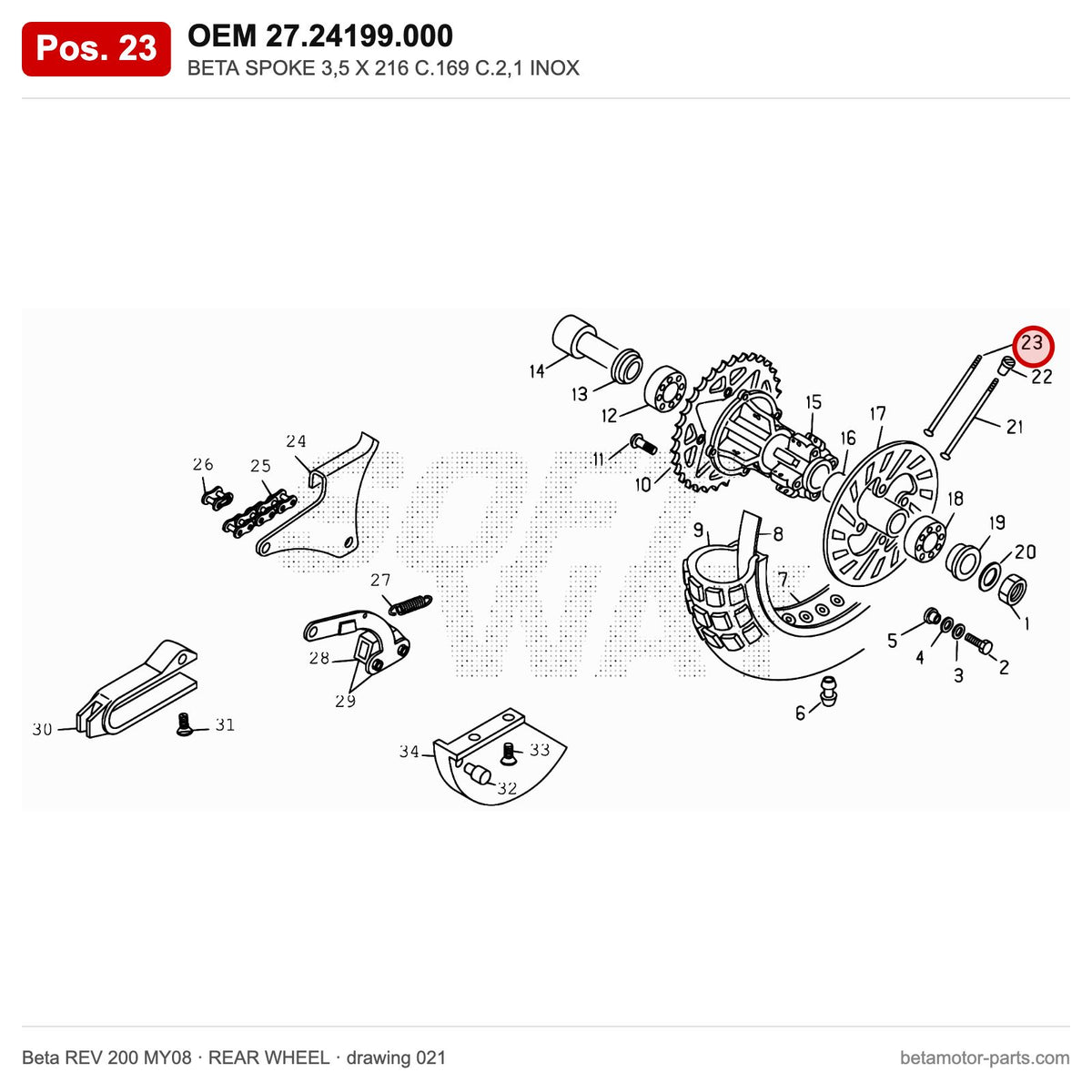 BETA SPOKE 3,5 X 216 C.169 C.2,1 INOX – OEM 27.24199.000, position 23 on the Beta REV 200 MY08 rear wheel drawing