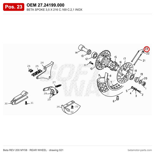 BETA SPOKE 3,5 X 216 C.169 C.2,1 INOX – OEM 27.24199.000, position 23 on the Beta REV 200 MY08 rear wheel drawing