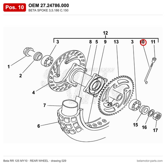 BETA SPOKE 3,5.186 C.150 – OEM 27.24786.000, position 10 on the Beta RR 125 MY10 rear wheel drawing