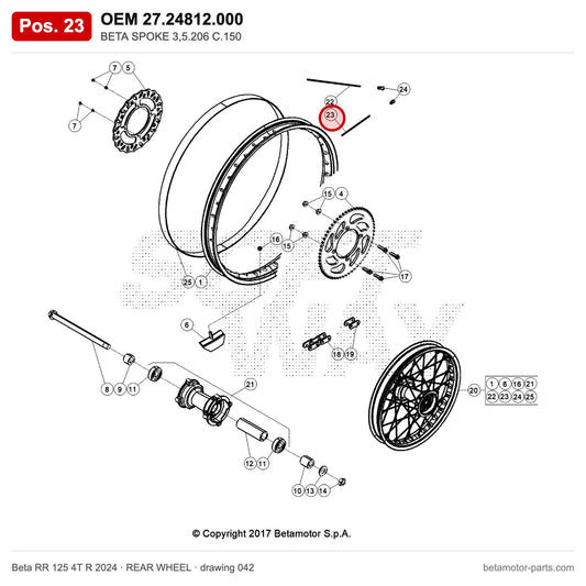 BETA SPOKE 3,5.206 C.150 – OEM 27.24812.000, position 23 on the Beta RR 125 4T R 2024 rear wheel drawing