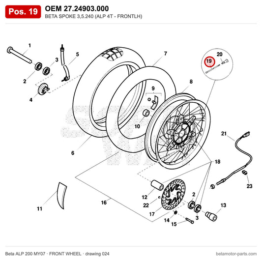 BETA SPOKE 3,5.240 (ALP 4T - FRONTLH) – OEM 27.24903.000, position 19 on the Beta ALP 200 MY07 front wheel drawing