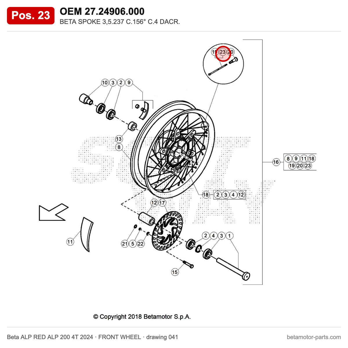 BETA SPOKE 3,5.237 C.156° C.4 DACR. – OEM 27.24906.000, position 23 on the Beta ALP RED ALP 200 4T 2024 front wheel drawing