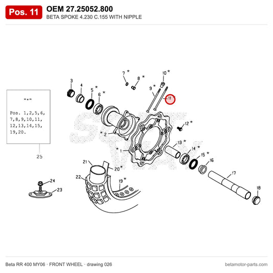 BETA SPOKE 4.230 C.155 WITH NIPPLE – OEM 27.25052.800, position 11 on the Beta RR 400 MY06 front wheel drawing