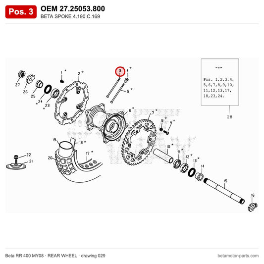 BETA SPOKE 4.190 C.169 – OEM 27.25053.800, position 3 on the Beta RR 400 MY08 rear wheel drawing