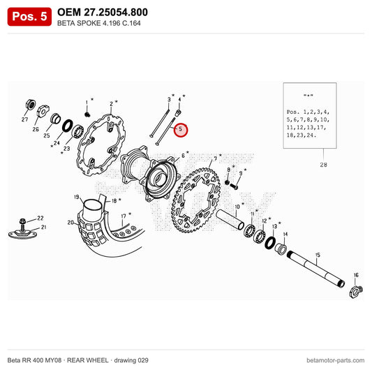 BETA SPOKE 4.196 C.164 – OEM 27.25054.800, position 5 on the Beta RR 400 MY08 rear wheel drawing