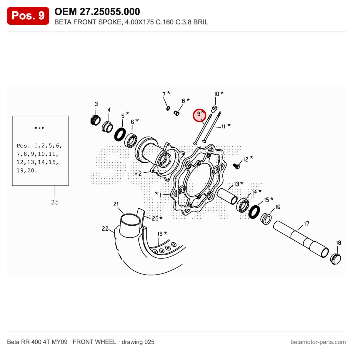 BETA FRONT SPOKE, 4.00X175 C.160 C.3,8 BRIL – OEM 27.25055.000, position 9 on the Beta RR 400 4T MY09 front wheel drawing