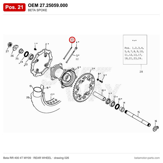 BETA SPOKE – OEM 27.25059.000, position 21 on the Beta RR 400 4T MY09 rear wheel drawing