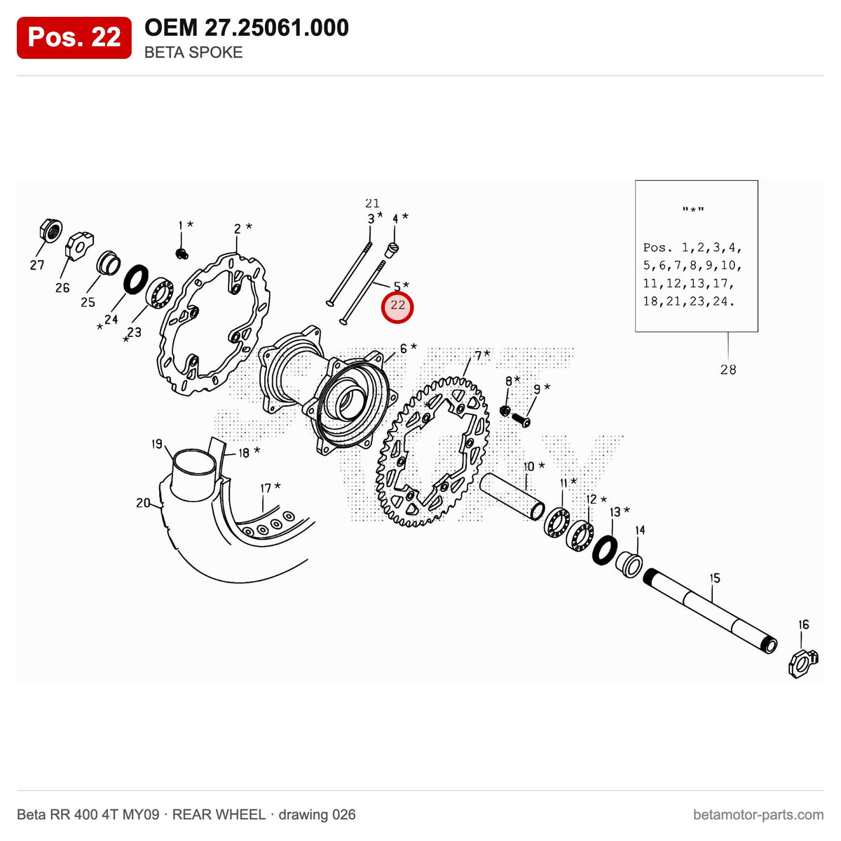 BETA SPOKE – OEM 27.25061.000, position 22 on the Beta RR 400 4T MY09 rear wheel drawing