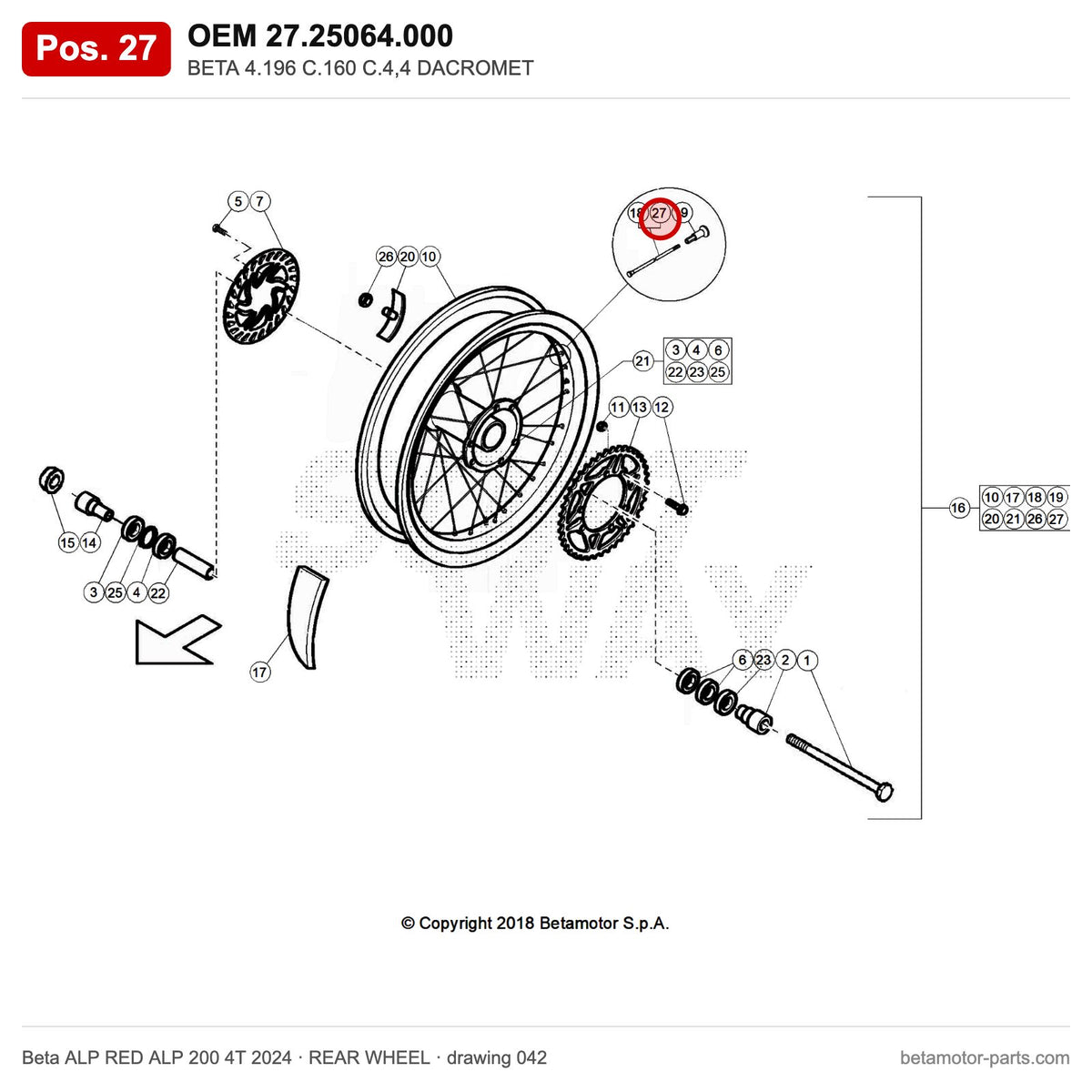 BETA 4.196 C.160 C.4,4 DACROMET – OEM 27.25064.000, position 27 on the Beta ALP RED ALP 200 4T 2024 rear wheel drawing