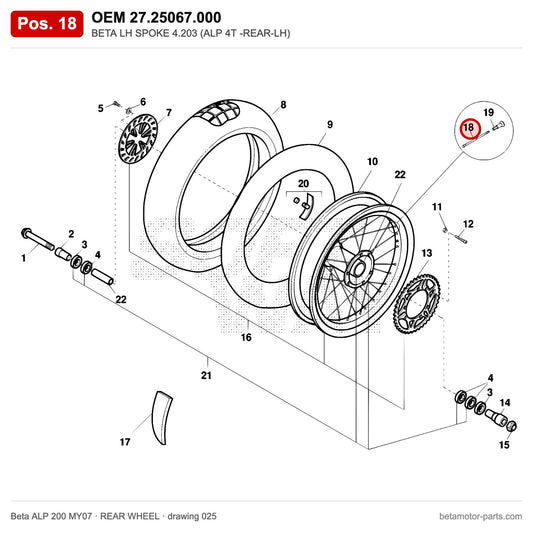 BETA LH SPOKE 4.203 (ALP 4T -REAR-LH) – OEM 27.25067.000, position 18 on the Beta ALP 200 MY07 rear wheel drawing