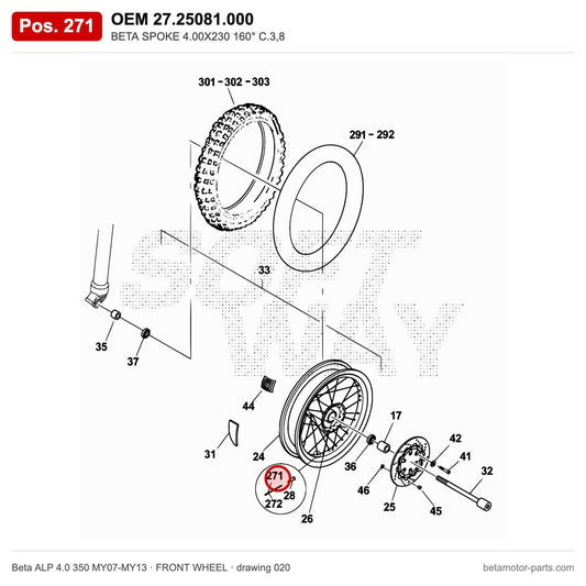 BETA SPOKE 4.00X230 160° C.3,8 – OEM 27.25081.000, position 271 on the Beta ALP 4.0 350 MY07-MY13 front wheel drawing