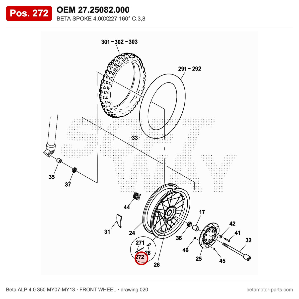 BETA SPOKE 4.00X227 160° C.3,8 – OEM 27.25082.000, position 272 on the Beta ALP 4.0 350 MY07-MY13 front wheel drawing