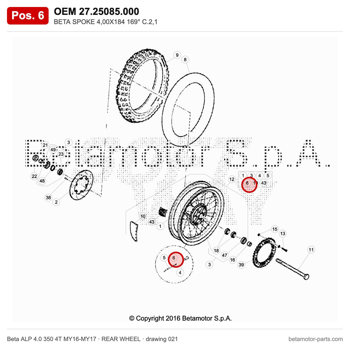 BETA SPOKE 4,00X184 169° C.2,1 – OEM 27.25085.000, position 6 on the Beta ALP 4.0 350 4T MY16-MY17 rear wheel drawing