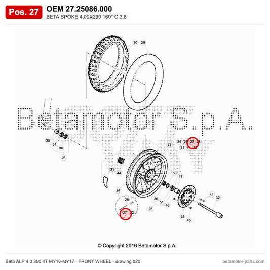 BETA SPOKE 4.00X230 160° C.3,8 – OEM 27.25086.000, position 27 on the Beta ALP 4.0 350 4T MY16-MY17 front wheel drawing