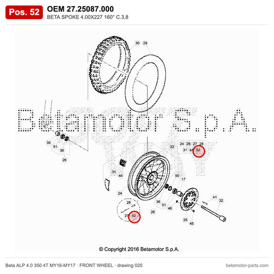 BETA SPOKE 4.00X227 160° C.3,8 – OEM 27.25087.000, position 52 on the Beta ALP 4.0 350 4T MY16-MY17 front wheel drawing