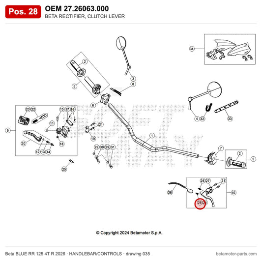 BETA RECTIFIER, CLUTCH LEVER – OEM 27.26063.000, position 28 on the Beta BLUE RR 125 4T R 2026 handlebar/controls drawing