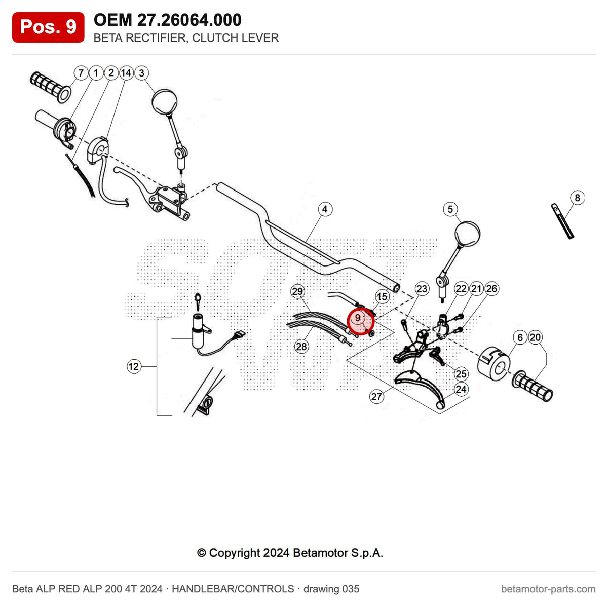BETA RECTIFIER, CLUTCH LEVER – OEM 27.26064.000, position 9 on the Beta ALP RED ALP 200 4T 2024 handlebar/controls drawing