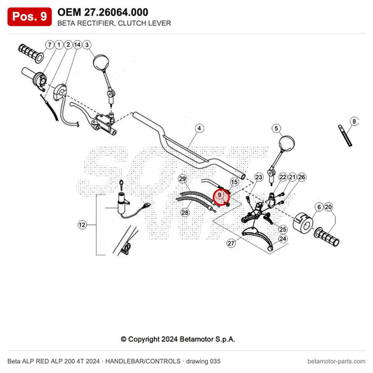 BETA RECTIFIER, CLUTCH LEVER – OEM 27.26064.000, position 9 on the Beta ALP RED ALP 200 4T 2024 handlebar/controls drawing